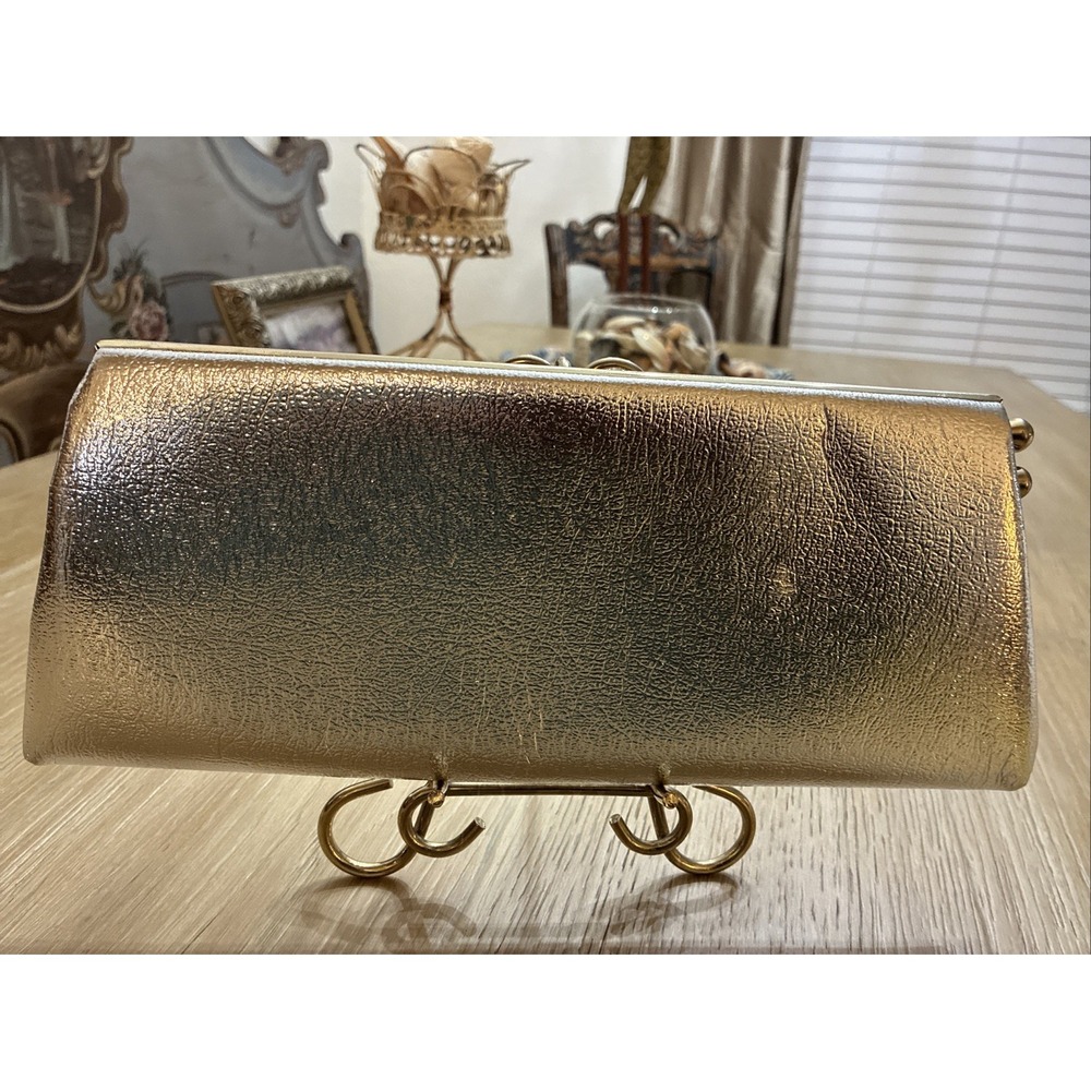 Vintage Clutch Evening Bag Metallic Silver Faux Leather 12x 5" Gold Hardware